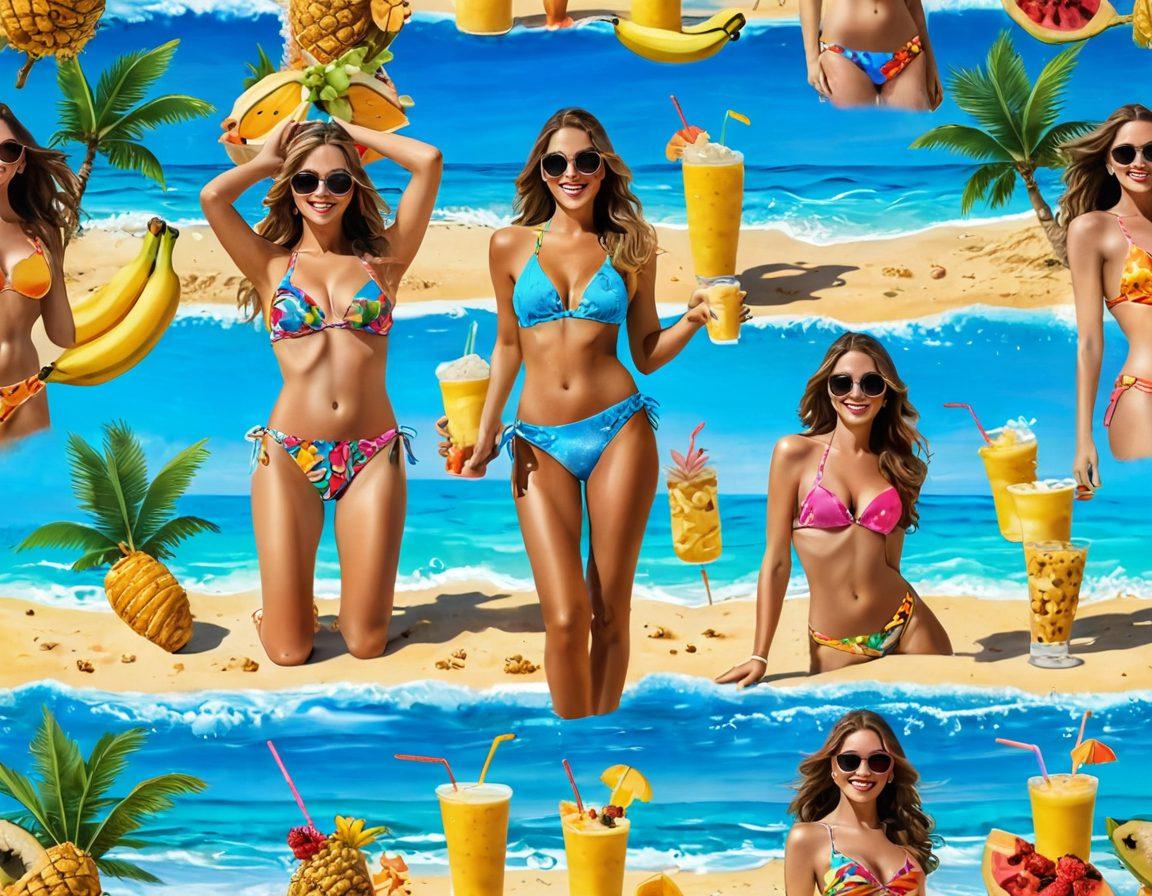 A vivid beach scene featuring a variety of trendy bikinis in bright colors and patterns, complemented by tropical banana treats like banana smoothies and fruit bowls. Include playful waves splashing in the background and beachgoers enjoying the sun. Add palm trees and a clear blue sky to enhance the summer vibe. vibrant colors. super-realistic.