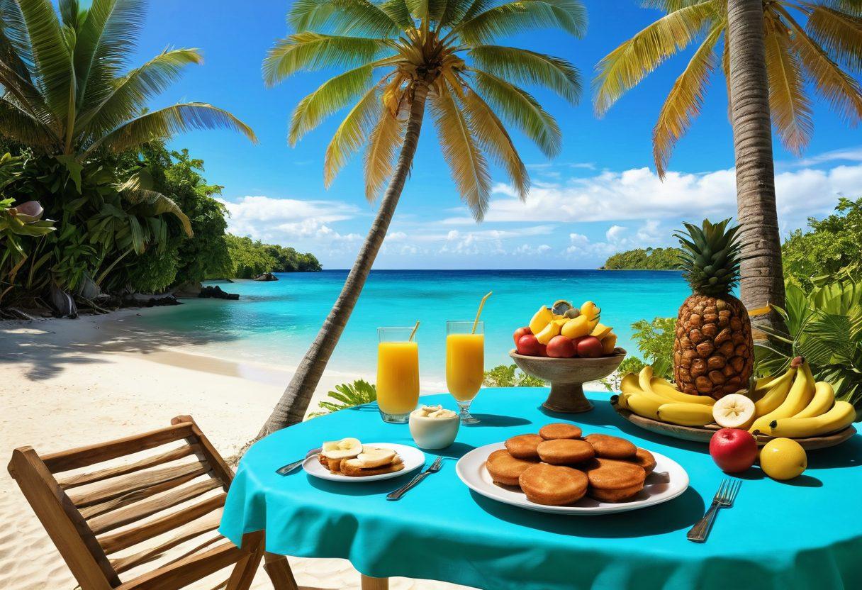 A vibrant beach scene featuring a beautifully arranged tropical table filled with delicious banana-themed dishes, such as banana fritters, banana smoothies in coconut shells, and banana pancakes garnished with fresh fruits. The background showcases clear turquoise waters and lush palm trees, emphasizing a relaxed seaside atmosphere. Bright, warm sunlight casts a golden hue across the scene, inviting viewers to indulge in the tropical experience. super-realistic. vibrant colors. 3D.