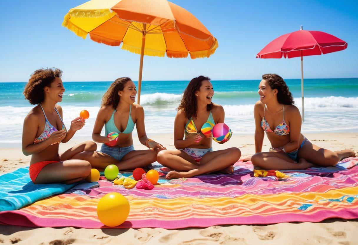 A sunny beach scene with a diverse group of friends laughing together, sharing jokes while relaxing on colorful beach towels. The background features vibrant sun umbrellas, beach balls, and a whimsical ocean with playful waves. Include a playful dog chasing a frisbee nearby. The atmosphere is cheerful and light-hearted, capturing the essence of summer fun. cartoon style. bright colors. lighthearted vibe.